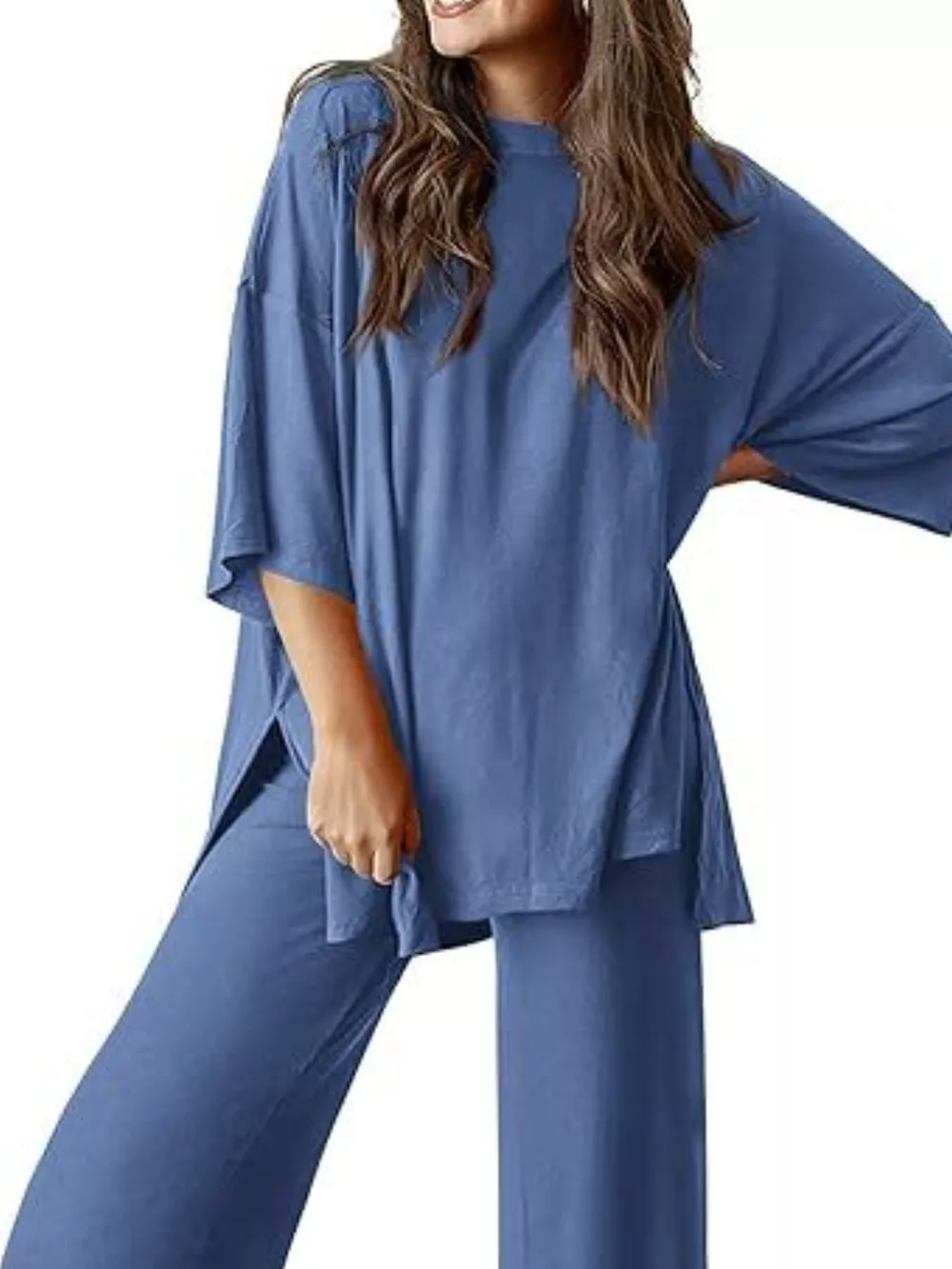 Slit Round Neck Top and Pants Set, image 2