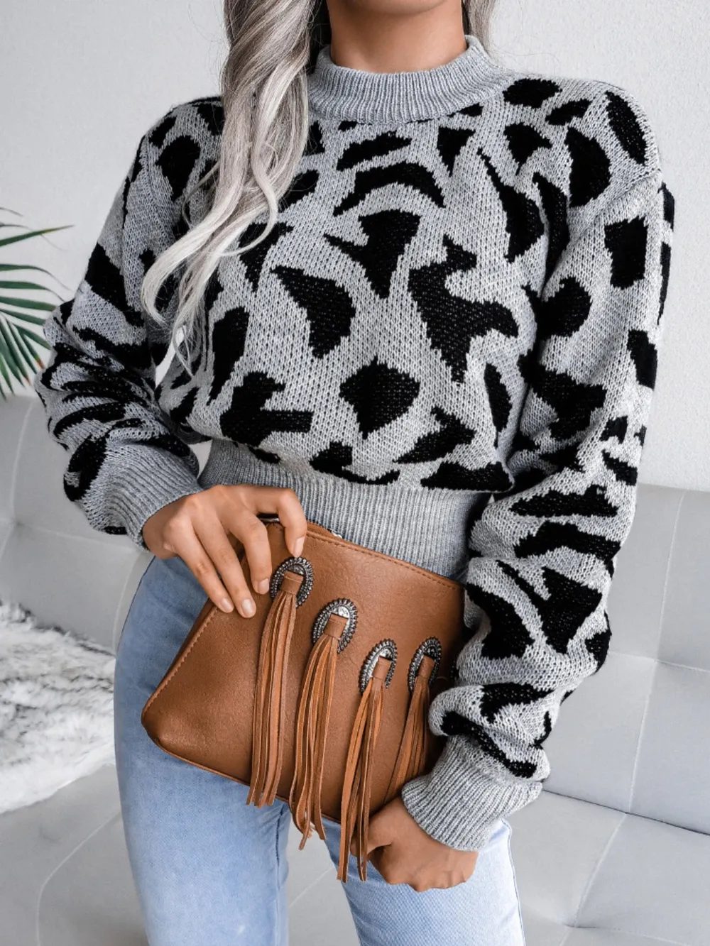 Leopard Round Neck Dropped Shoulder Sweater, image 11