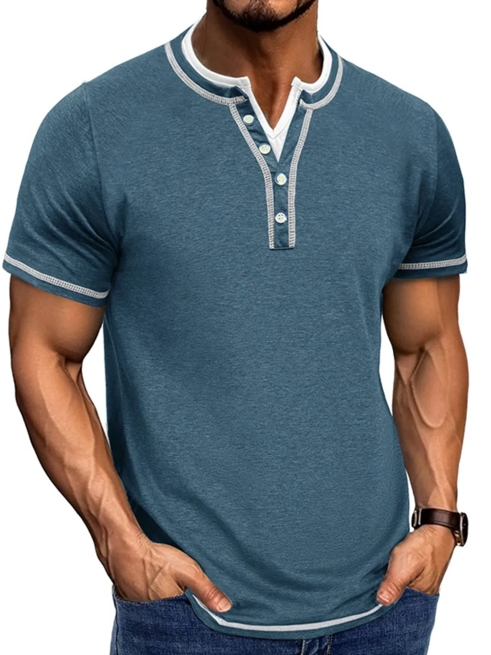 Men's Casual Henley Polo Shirt with Contrast Trim, image 10