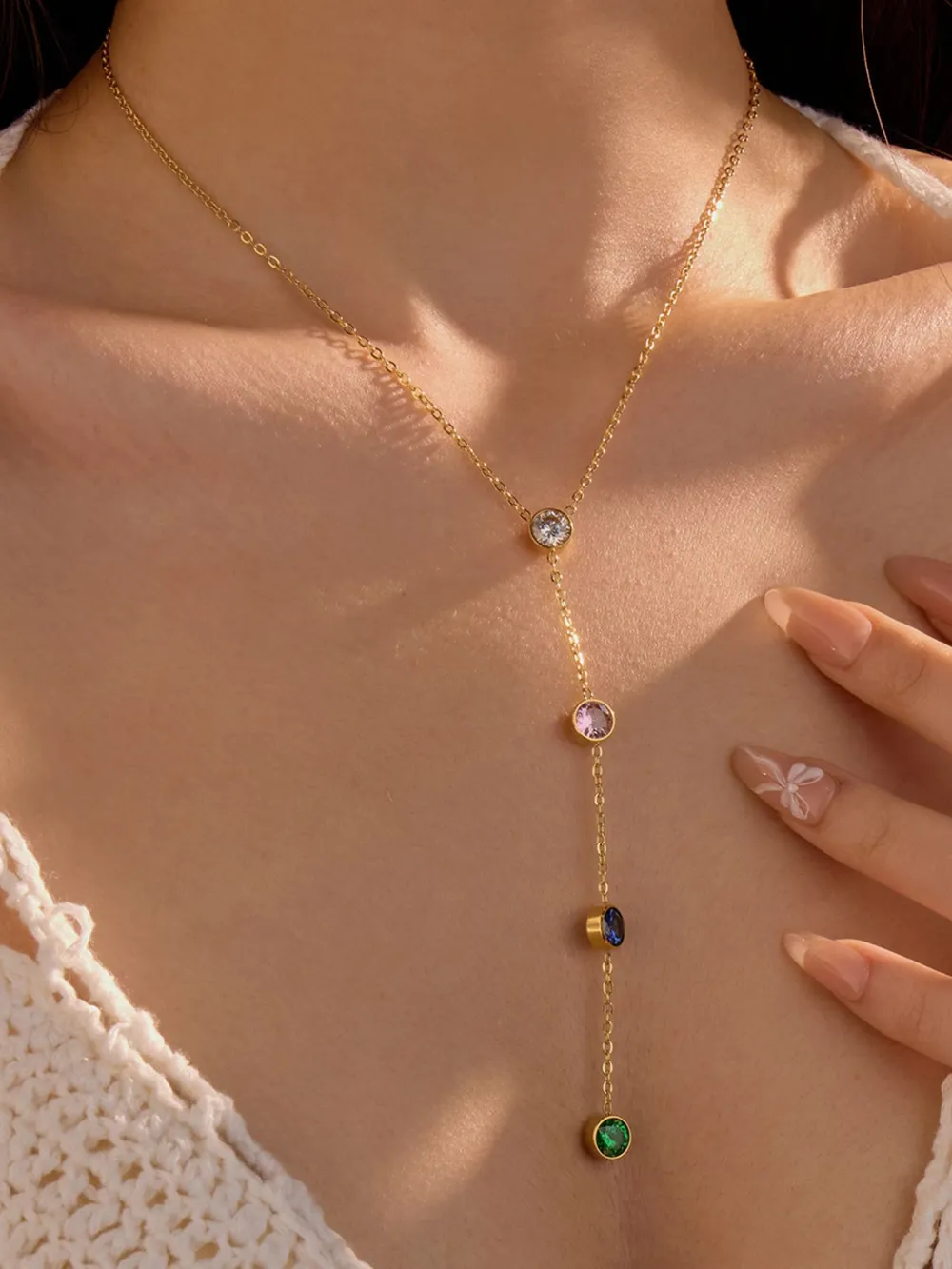 18K Gold-Plated Stainless Steel Zircon Y-Drop Necklace, image 2