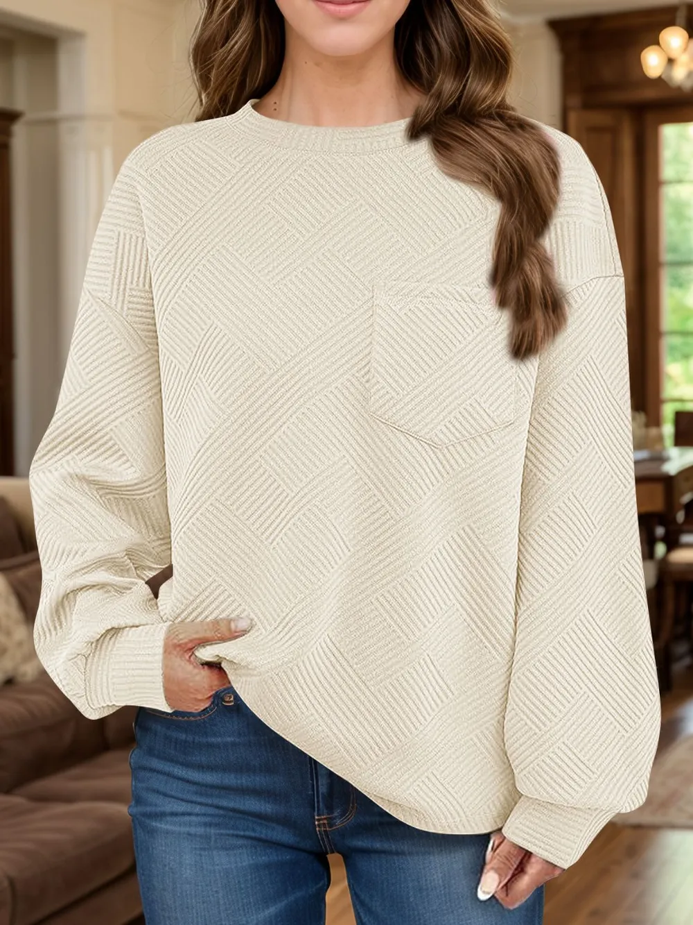 Full Size Texture Round Neck Long Sleeve Sweatshirt, image 2