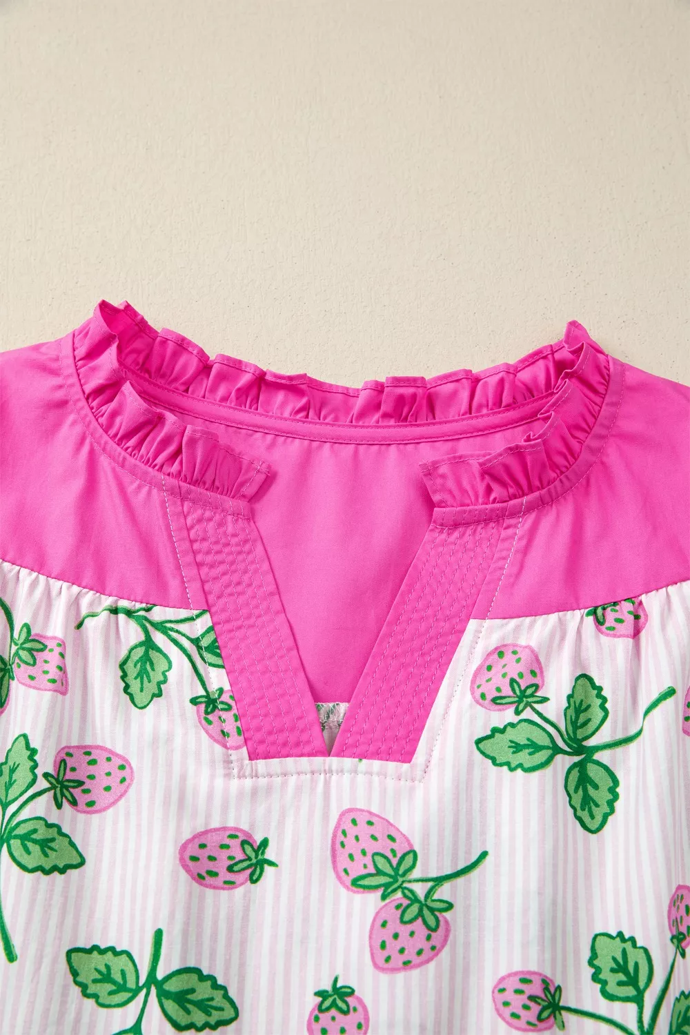 Striped Strawberry Printed Color Block Patchwork V Neck Flutter Sleeve Blouse, image 2