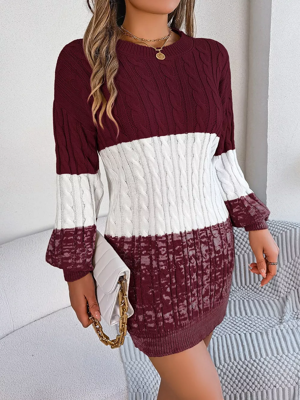 Color Block Cable Knit Sweater Dress with Textured Pattern, image 7