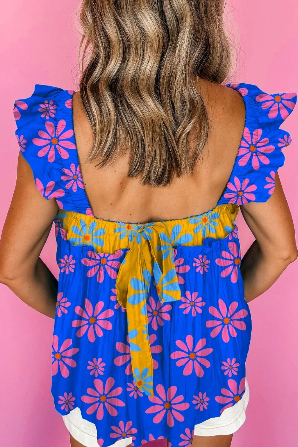 Floral Colorblock Flutter Straps Flowy Tank Top, image 2