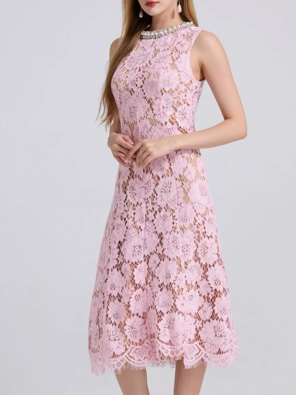 Pearl Neckline Sleeveless Lace Dress, image 25