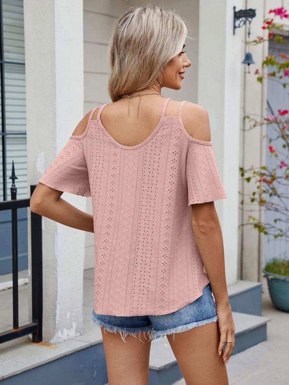 Round Neck Cold Shoulder Eyelet T-Shirt, image 3