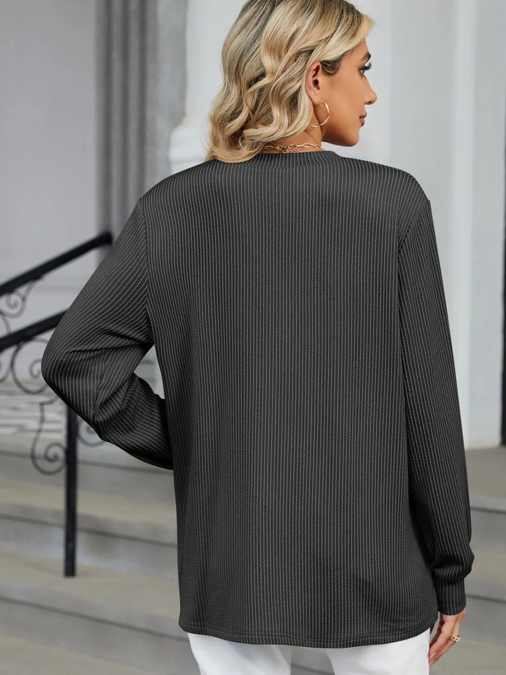 Striped Notched Long Sleeve T-Shirt, image 20