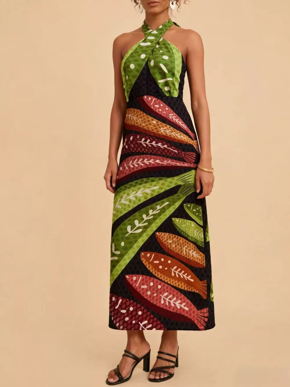 Tropical Print Halter Neck Midi Dress, image 4