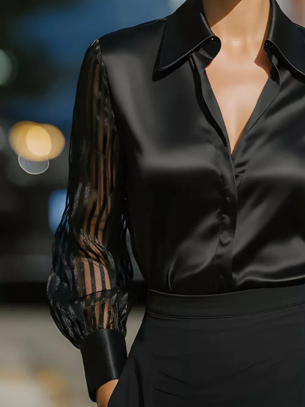 Collared Neck Sheer Sleeve Shirt, image 2