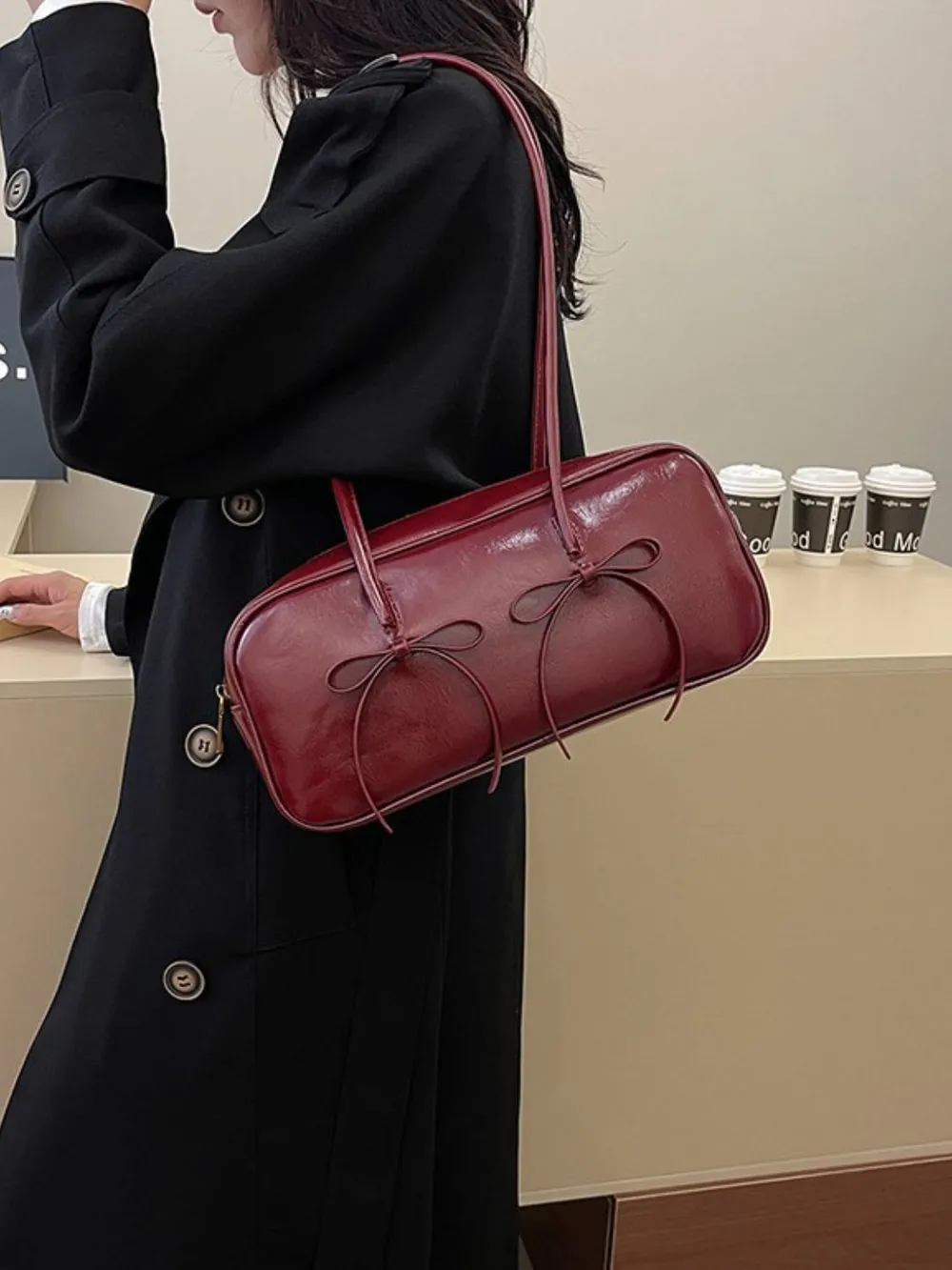 PU Leather Bow Trim Shoulder Bag, image 2