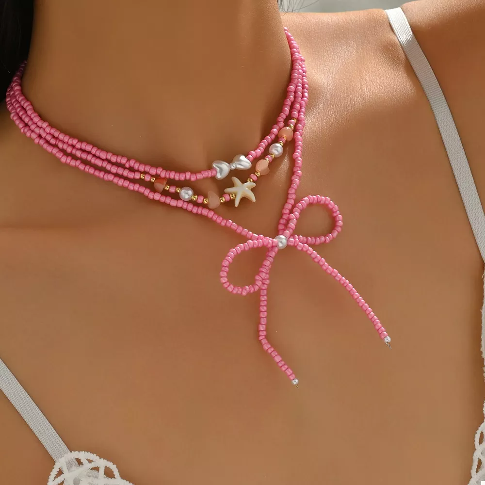 Beaded Three-Layered Necklace with Bow and Starfish Charms, image 3
