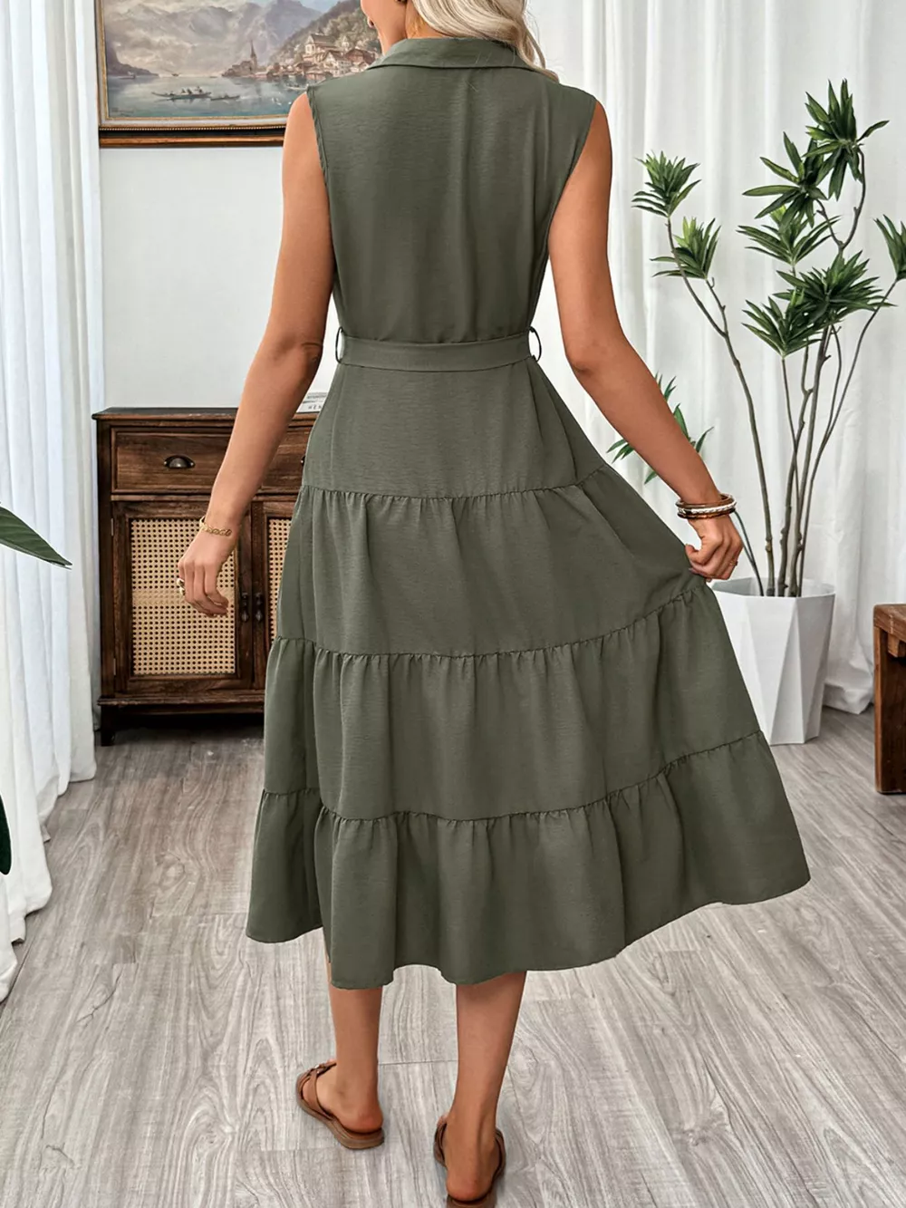 Sleeveless Button-Down Tiered Midi Dress, image 2
