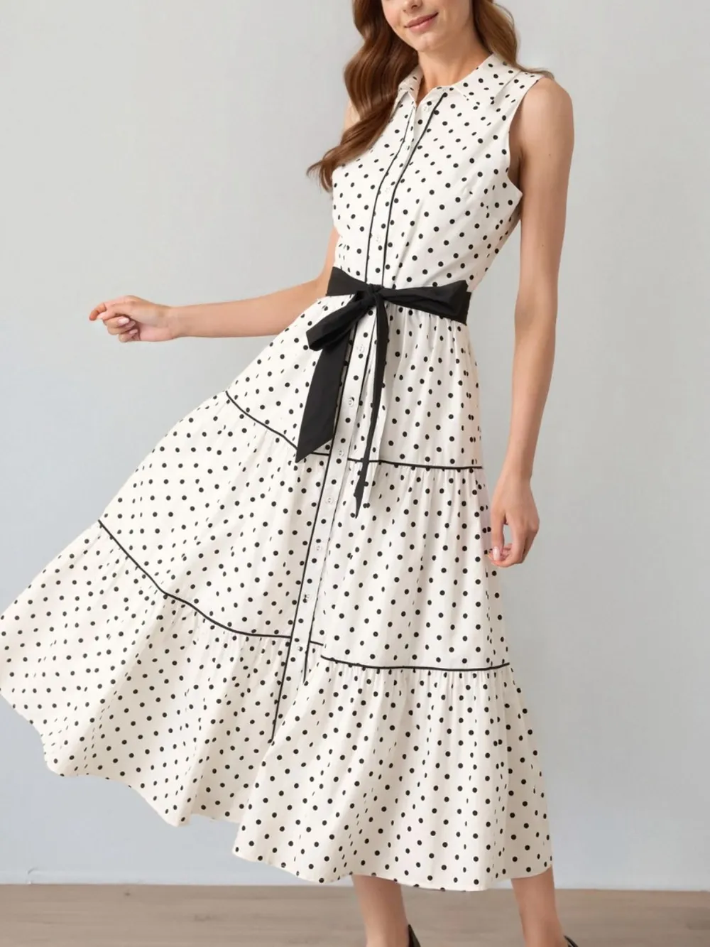 Polka Dot Sleeveless Midi Shirt Dress, image 2