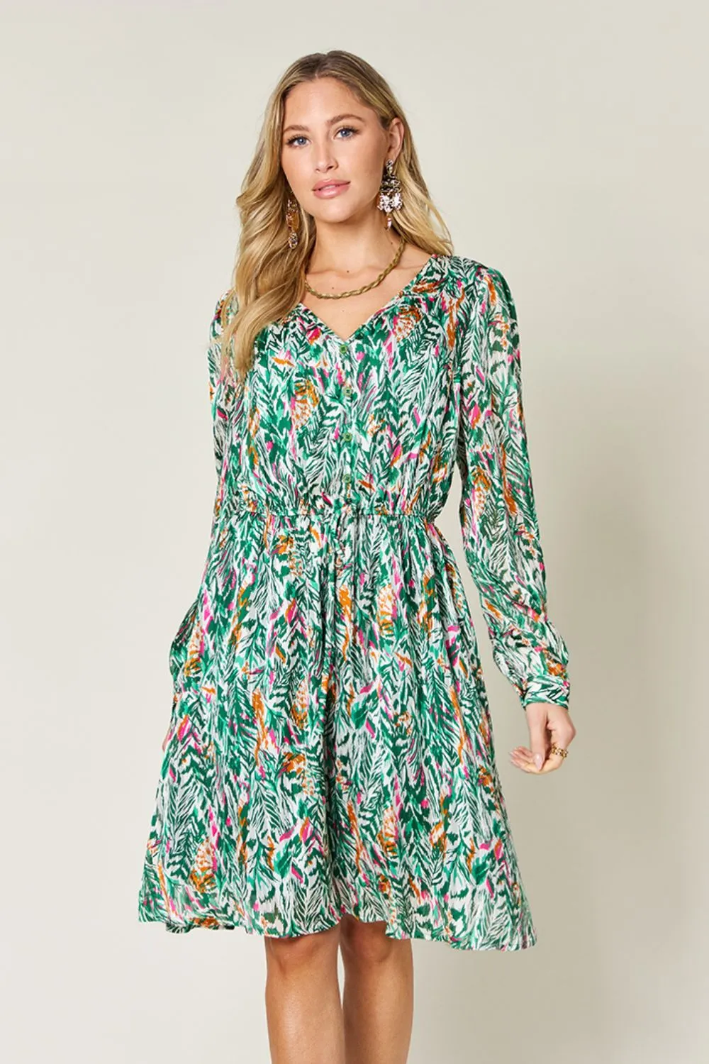 Full Size Printed Drawstring Waist Long Sleeve Dress, image 3