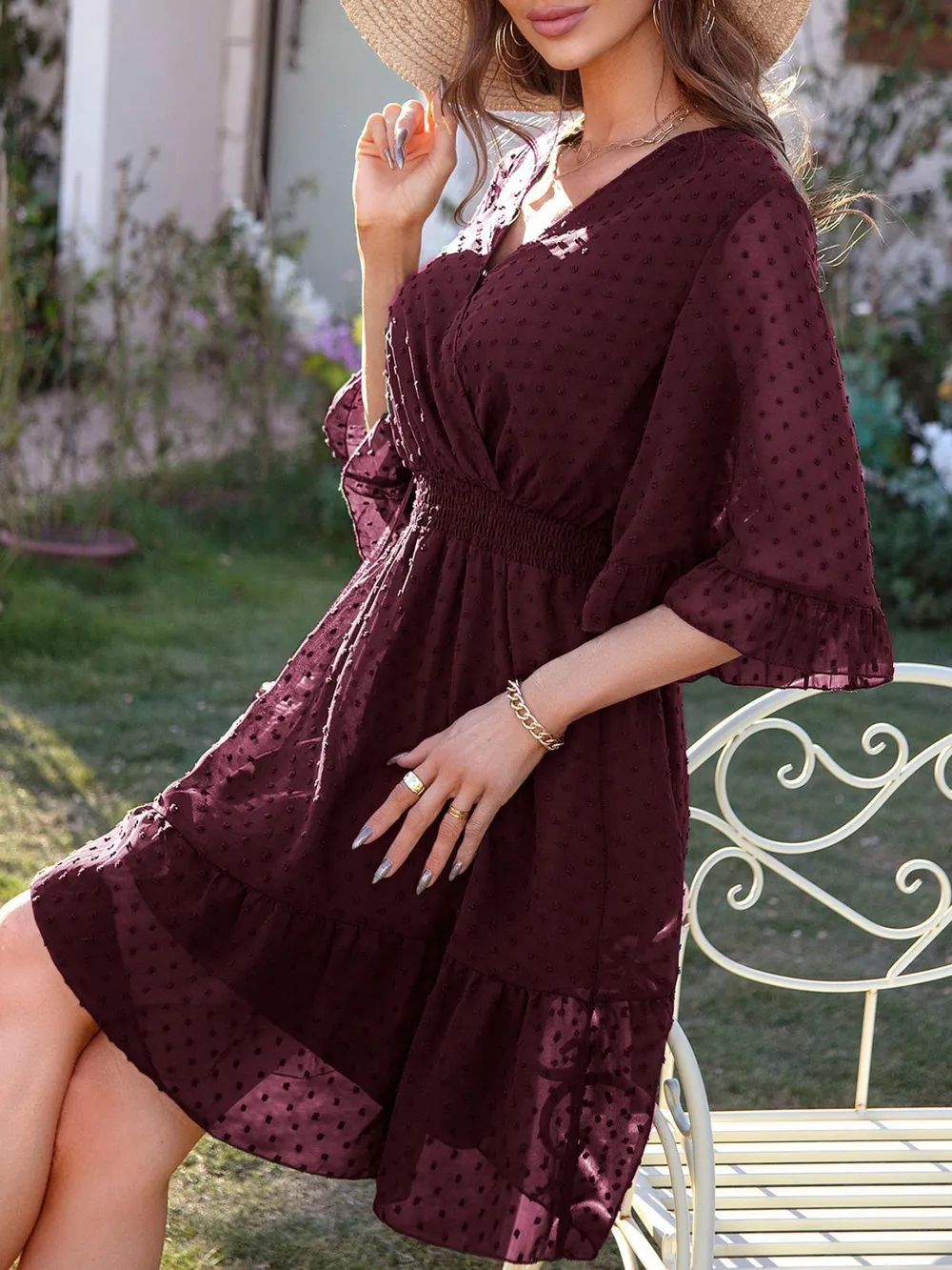 Swiss Dot Flare Sleeve Wrap Mini Dress, image 14
