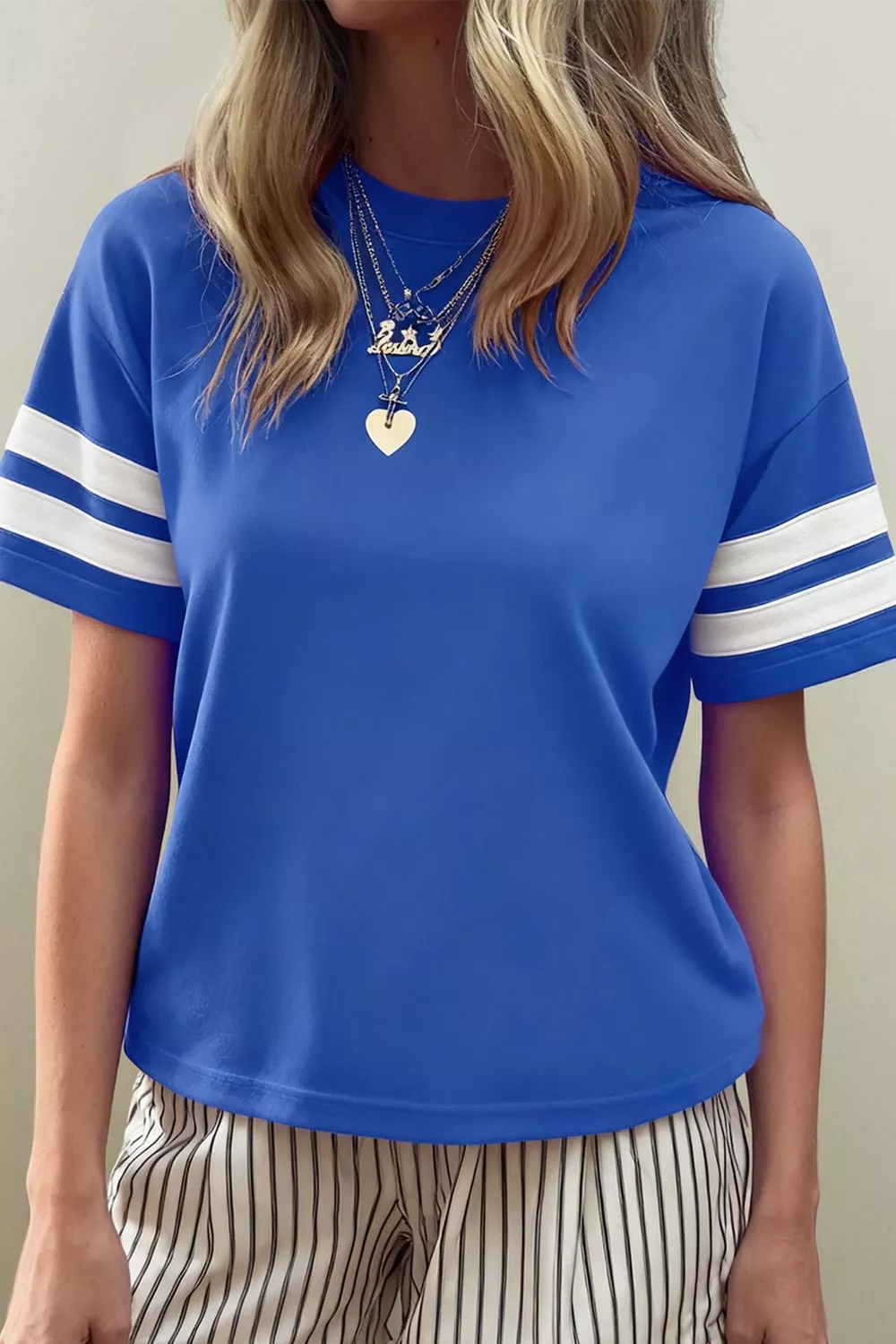 Varsity Striped Short Sleeve Crew Neck T Shirt, image 2