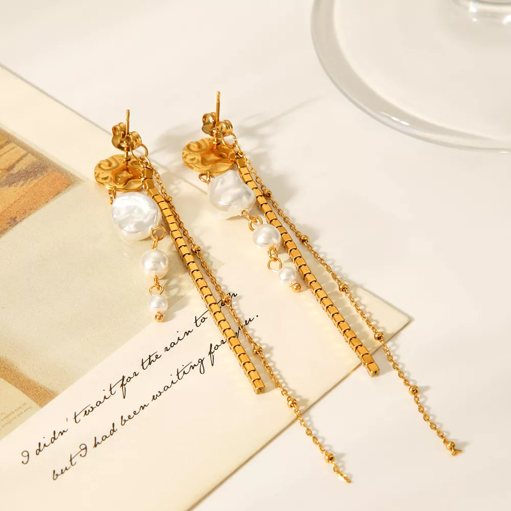 18K Gold-Plated Zircon Pearl Chain Earrings, image 3