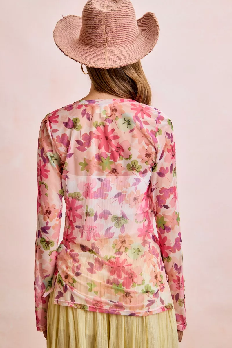BiBi Floral Shrried Detail Button Up Mesh Cardigan Top, image 3