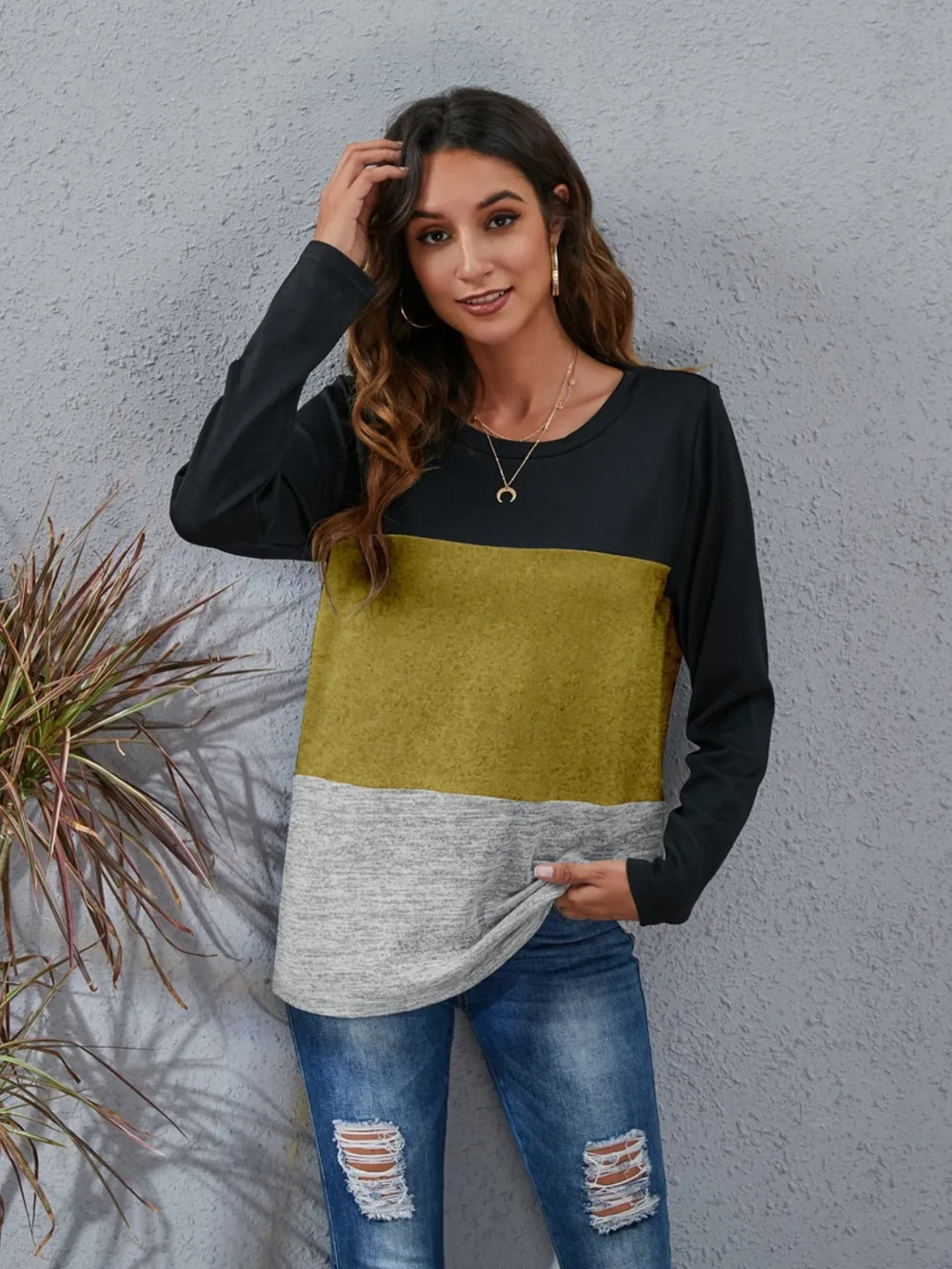 Color Block Round Neck Long Sleeve T-Shirt, image 19