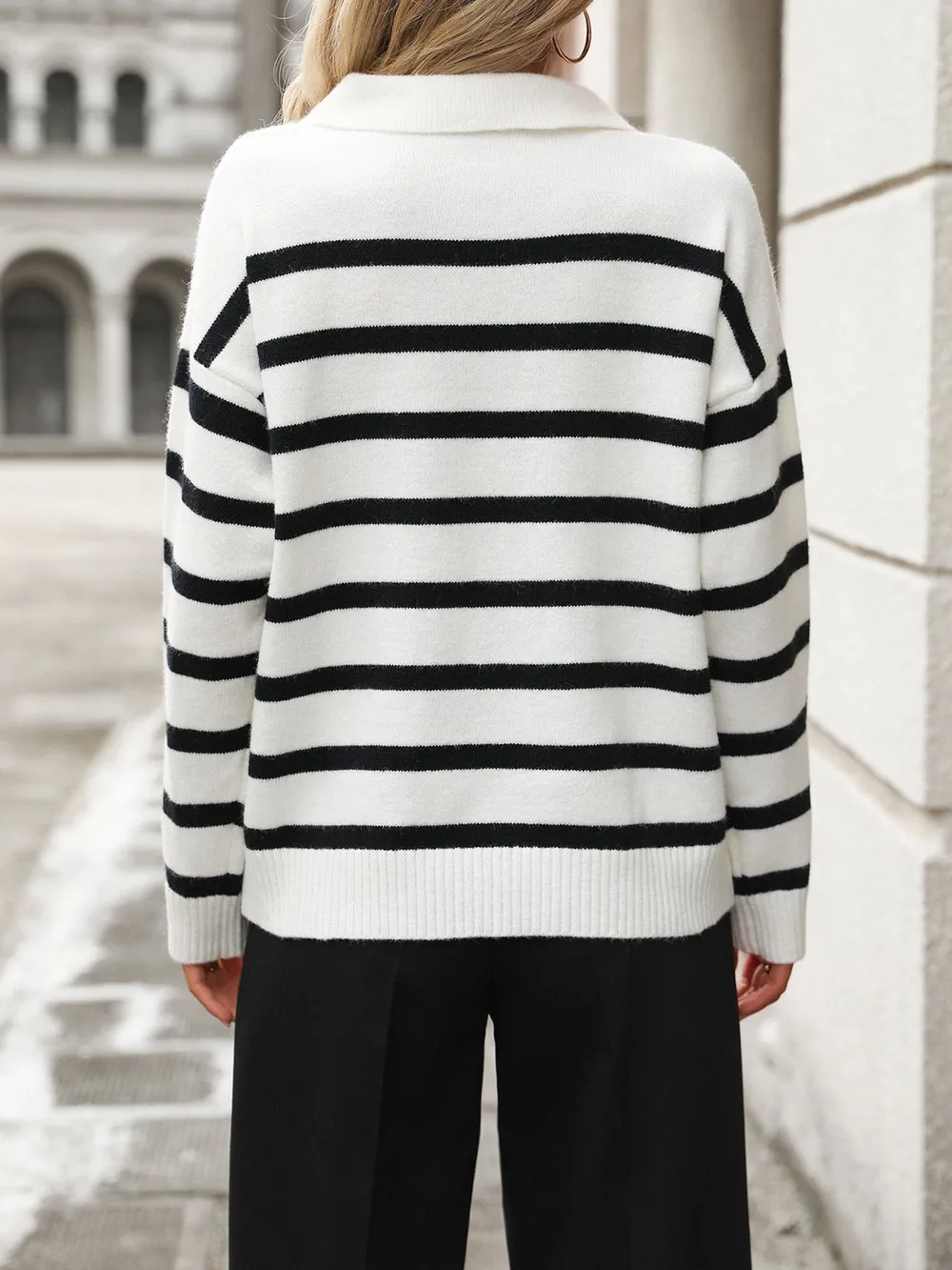Striped Johnny Collar Long Sleeve Sweater, image 3