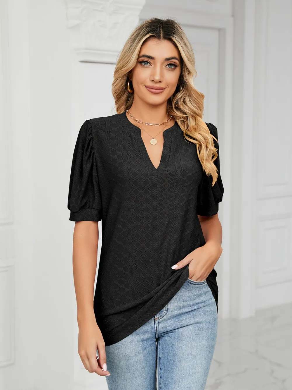 Eyelet Notched Short Sleeve T-Shirt