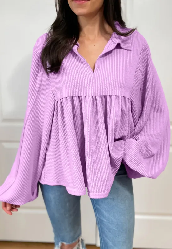 Corded Johnny Collar Long Sleeve Babydoll Blouse, image 2