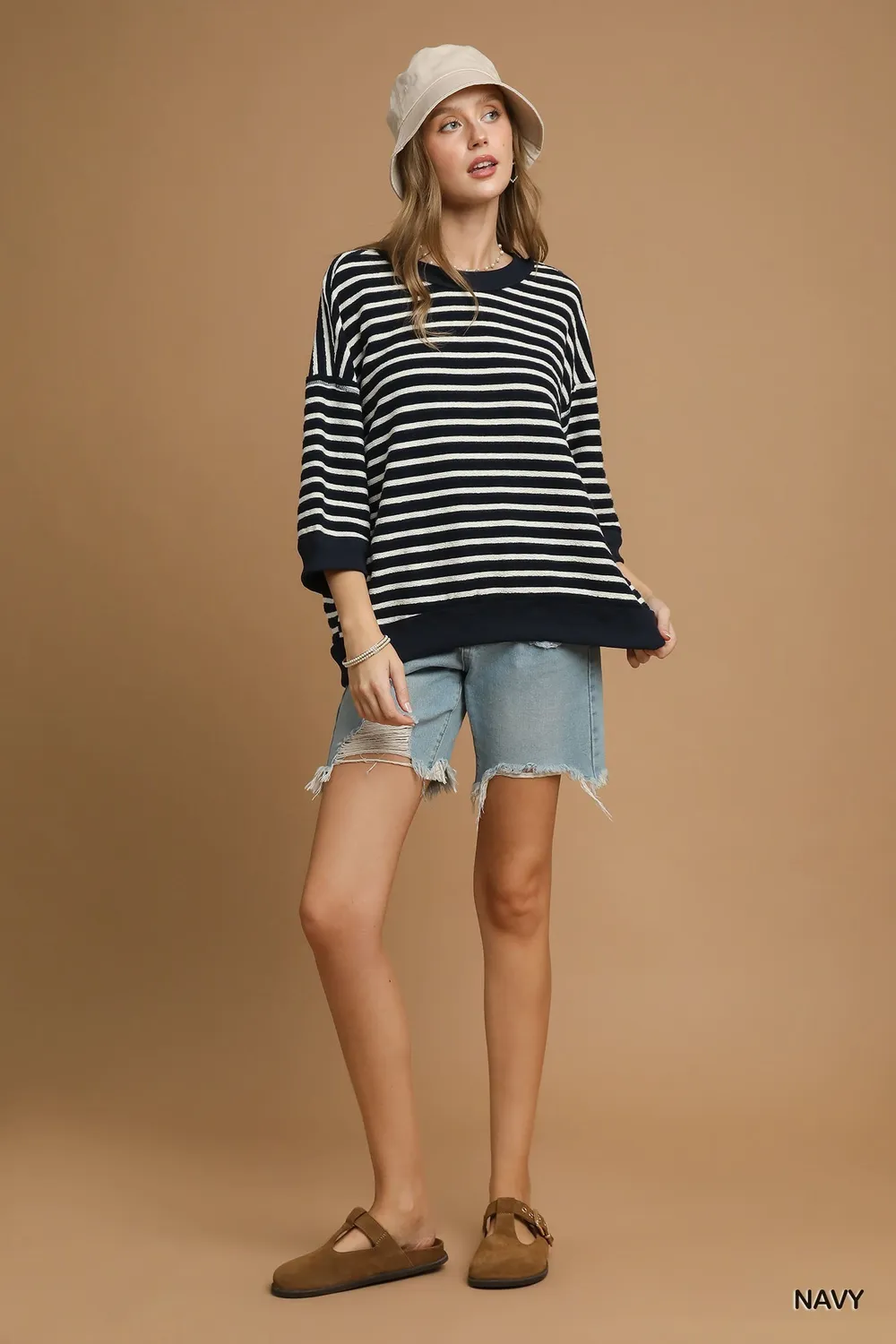 Ribbed Hem Striped Oversized Knit Top, image 2