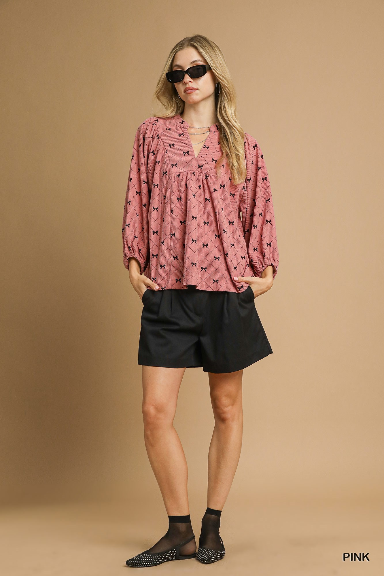 Corduroy Bow Print Balloon Sleeve Blouse, image 2