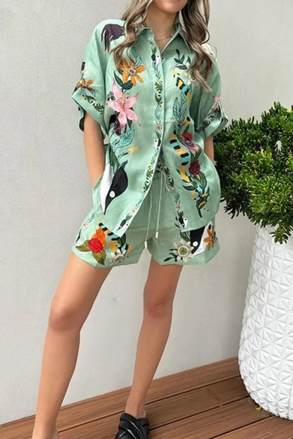 Tropical Paradise Floral Print Shirt and Shorts Set, image 4