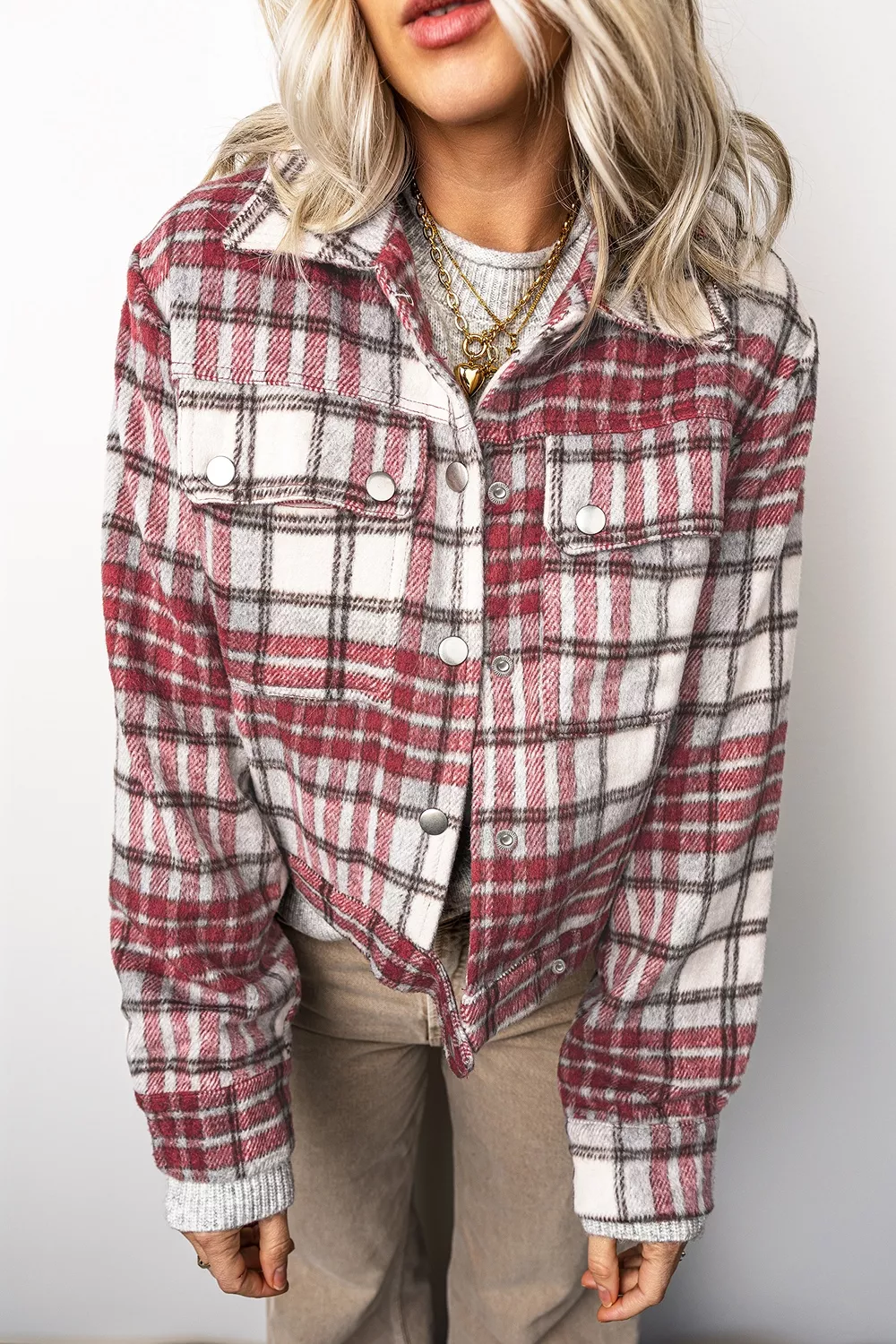 Plaid Flannel Metal Button Collar Long Sleeve Vintage Shift Jacket, image 2