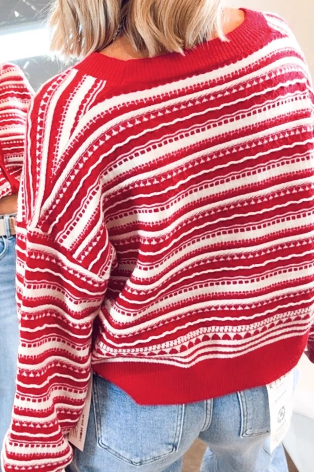 Geometric Striped Pattern V Neck Button Front Casual Knit Cardigan, image 6