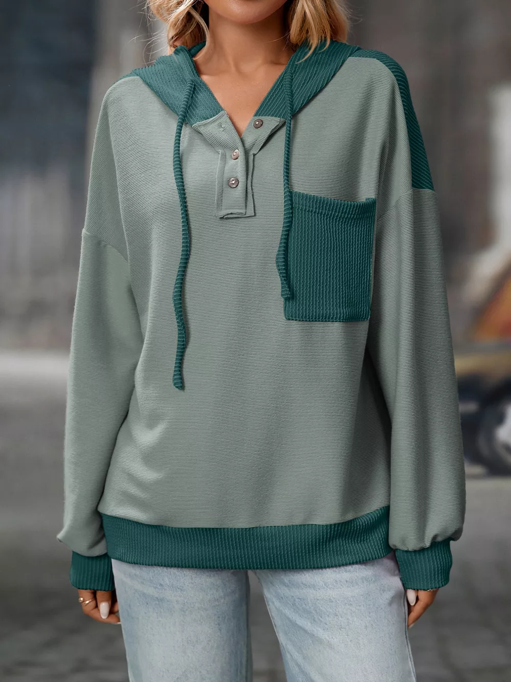 Casual Color Block Button Detail Hoodie, image 12