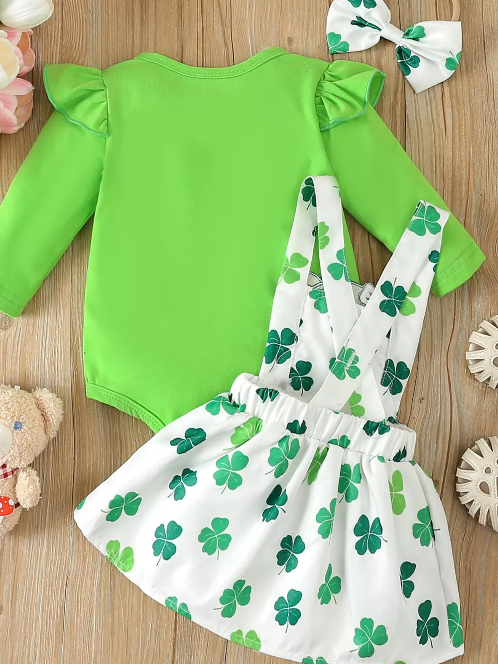 Children's Ruffled Long Sleeve Bodysuit and Overall Dress Set with Headband, image 6
