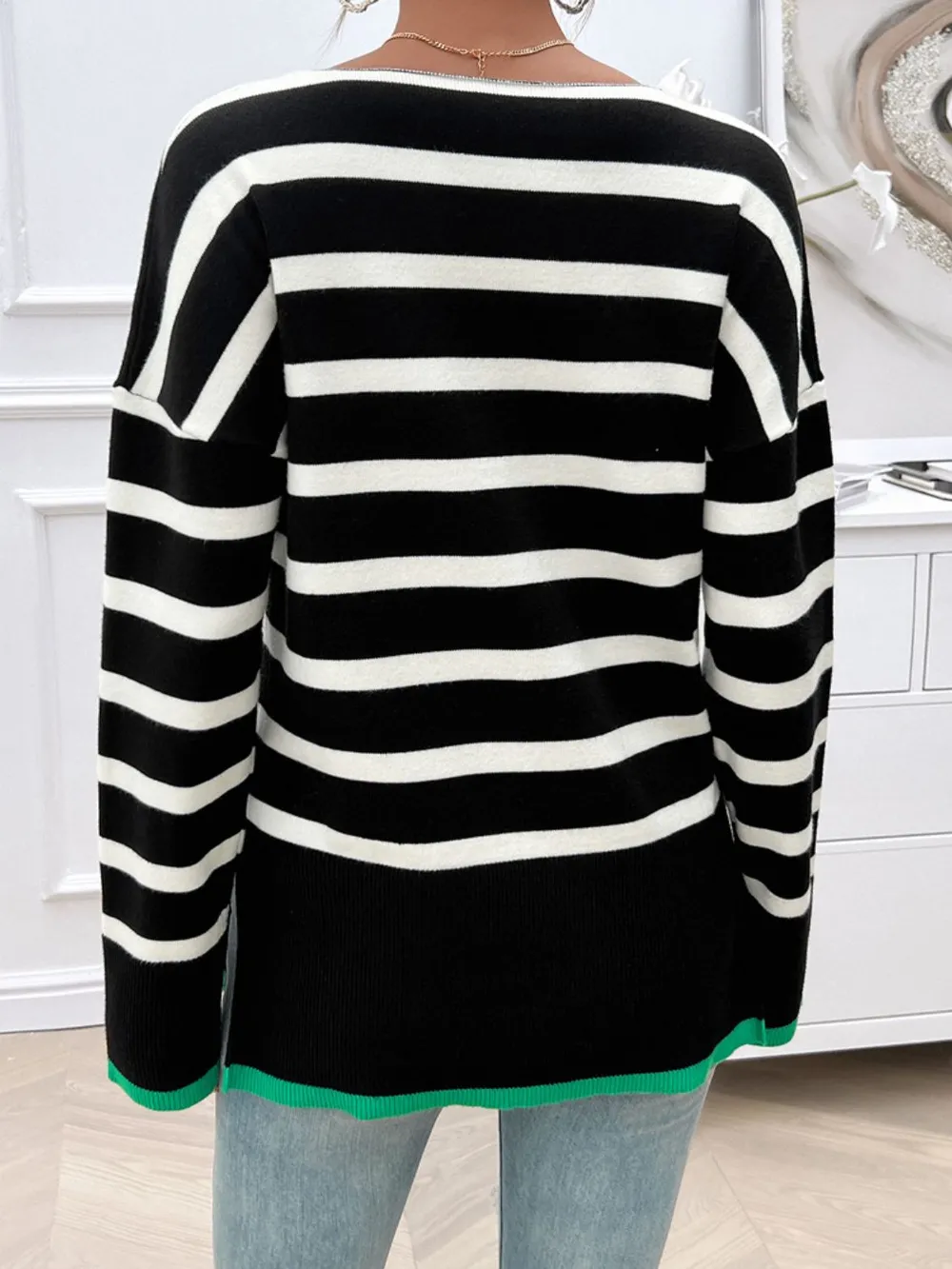 Striped V-Neck Long Sleeve Knit Top, image 21