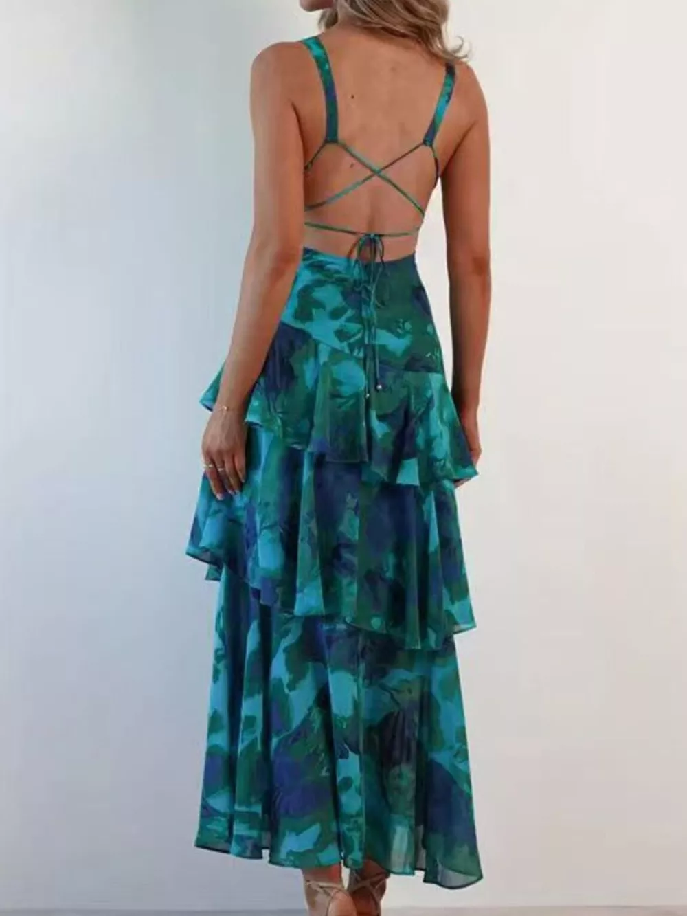 V-Neck Sleeveless Floral Print Layered Ruffle Maxi Dress, image 5
