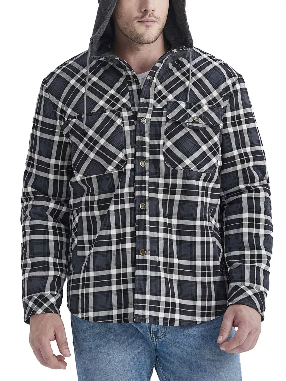 Men's Snap Down Hooded Plaid Shacket, image 4