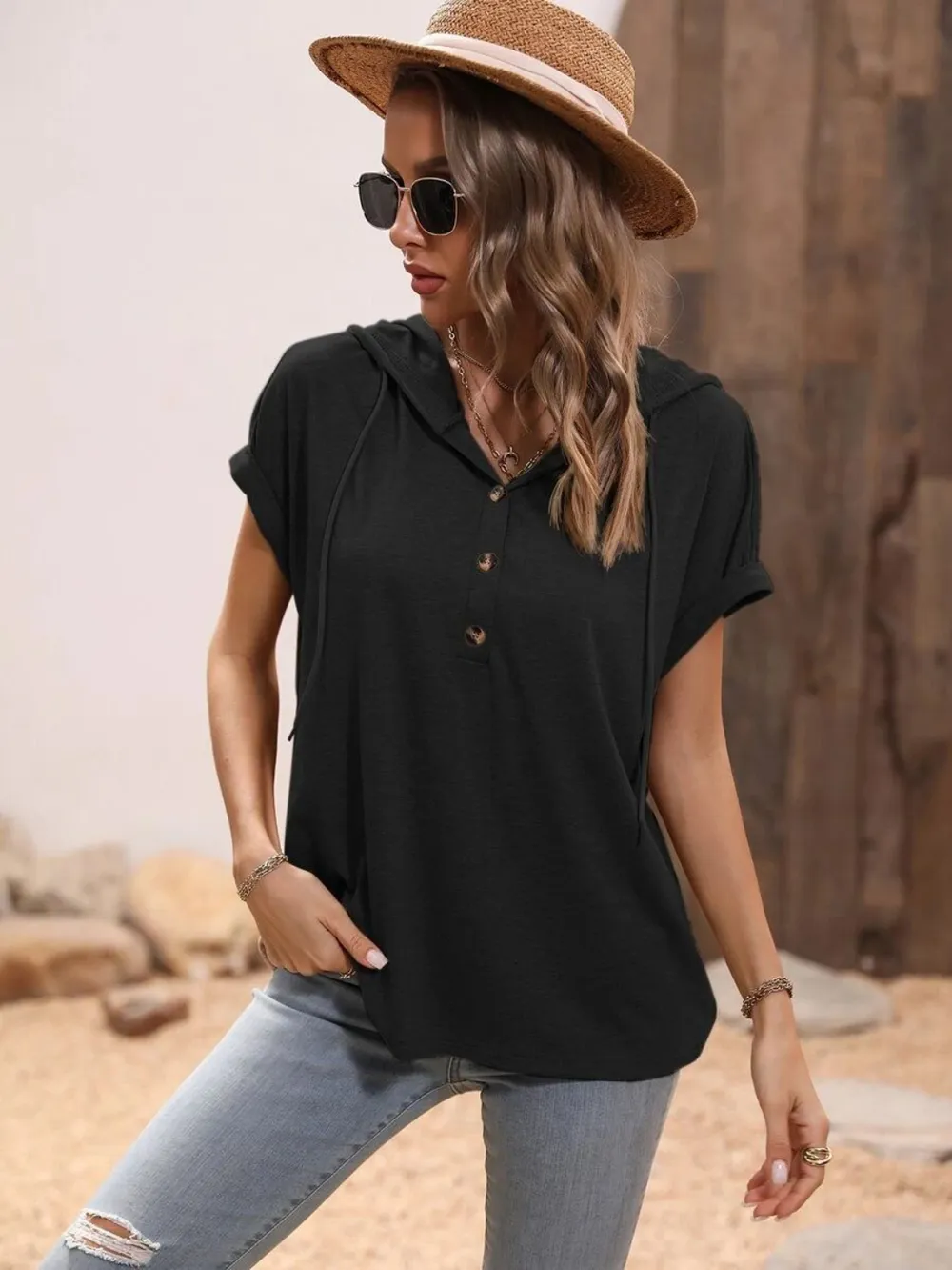 Half Button Hooded Short Sleeve Blouse, image 2