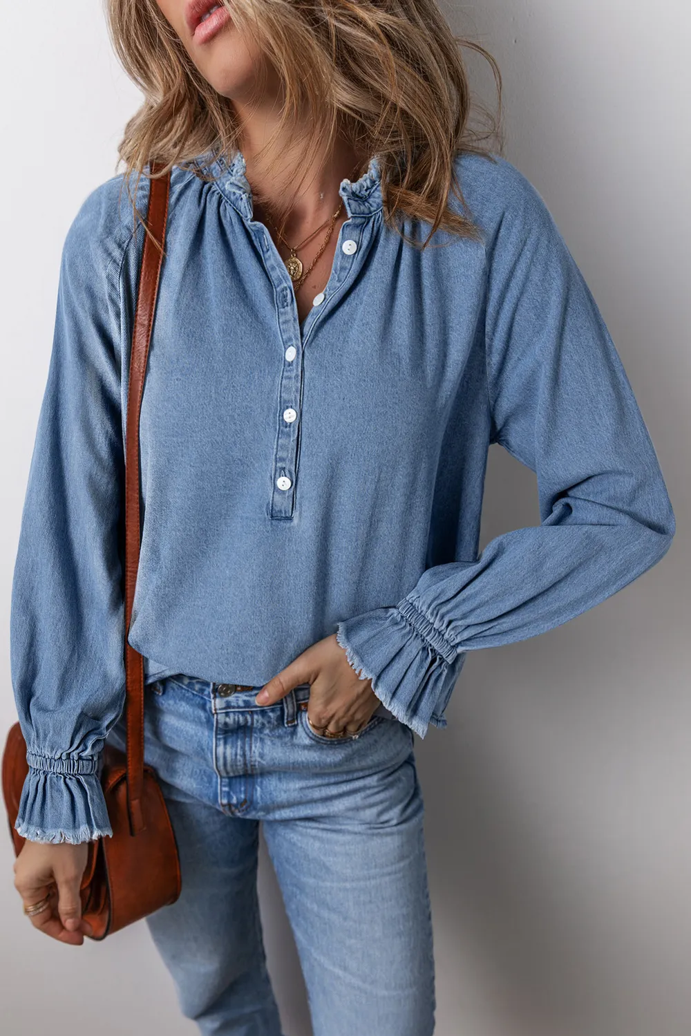 Half Button Long Sleeve Denim Top, image 2