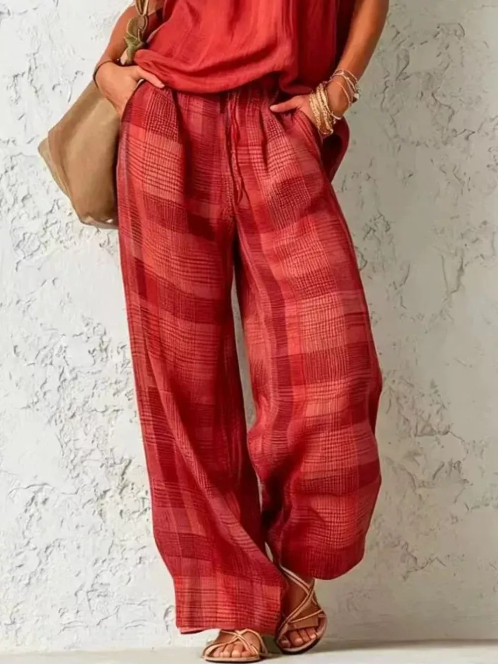 Full Size Sleeveless Cowl Neck Top and Plaid Wide-Leg Pant Two-Piece Set Plus Size, image 9