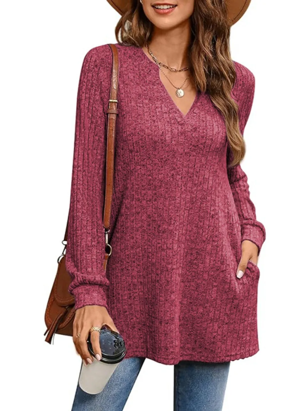 Ribbed Notched Long Sleeve T-Shirt, image 7