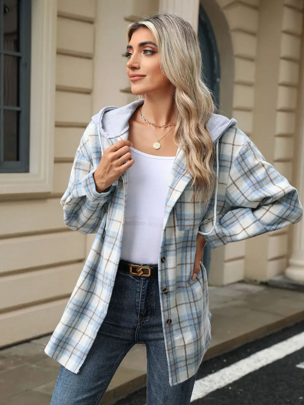 Drawstring Plaid Button Up Hooded Jacket, image 17