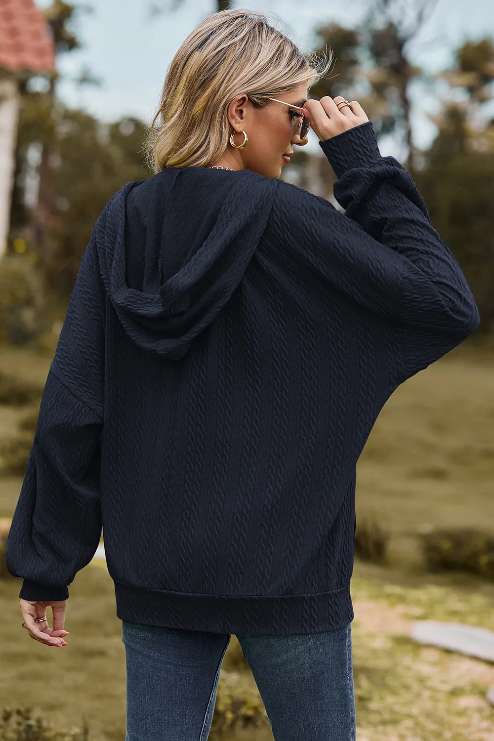Drawstring Zip Up Dropped Shoulder Hoodie, image 9
