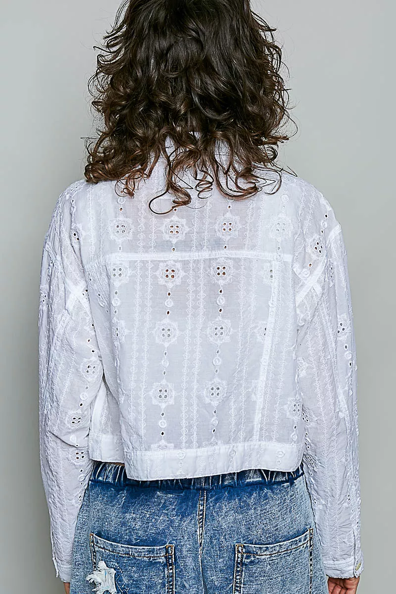 POL Eyelet Textured Cotton Cropped Button Front Jacket, image 3