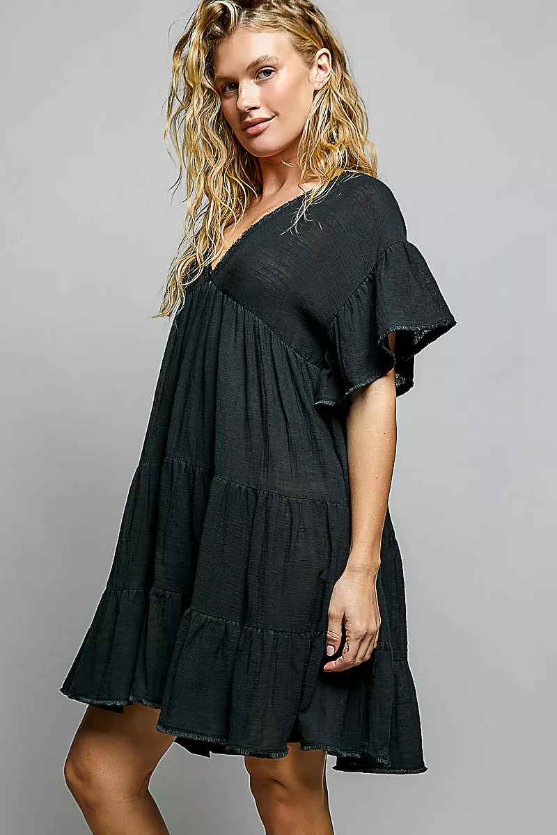 POL Ruffle Shirred V-Neck Short Sleeve Cotton Dress, image 2