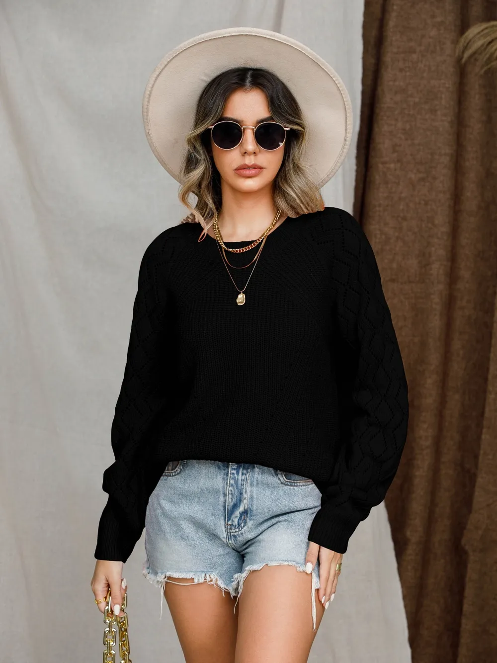 Openwork Round Neck Raglan Sleeve Sweater, image 10