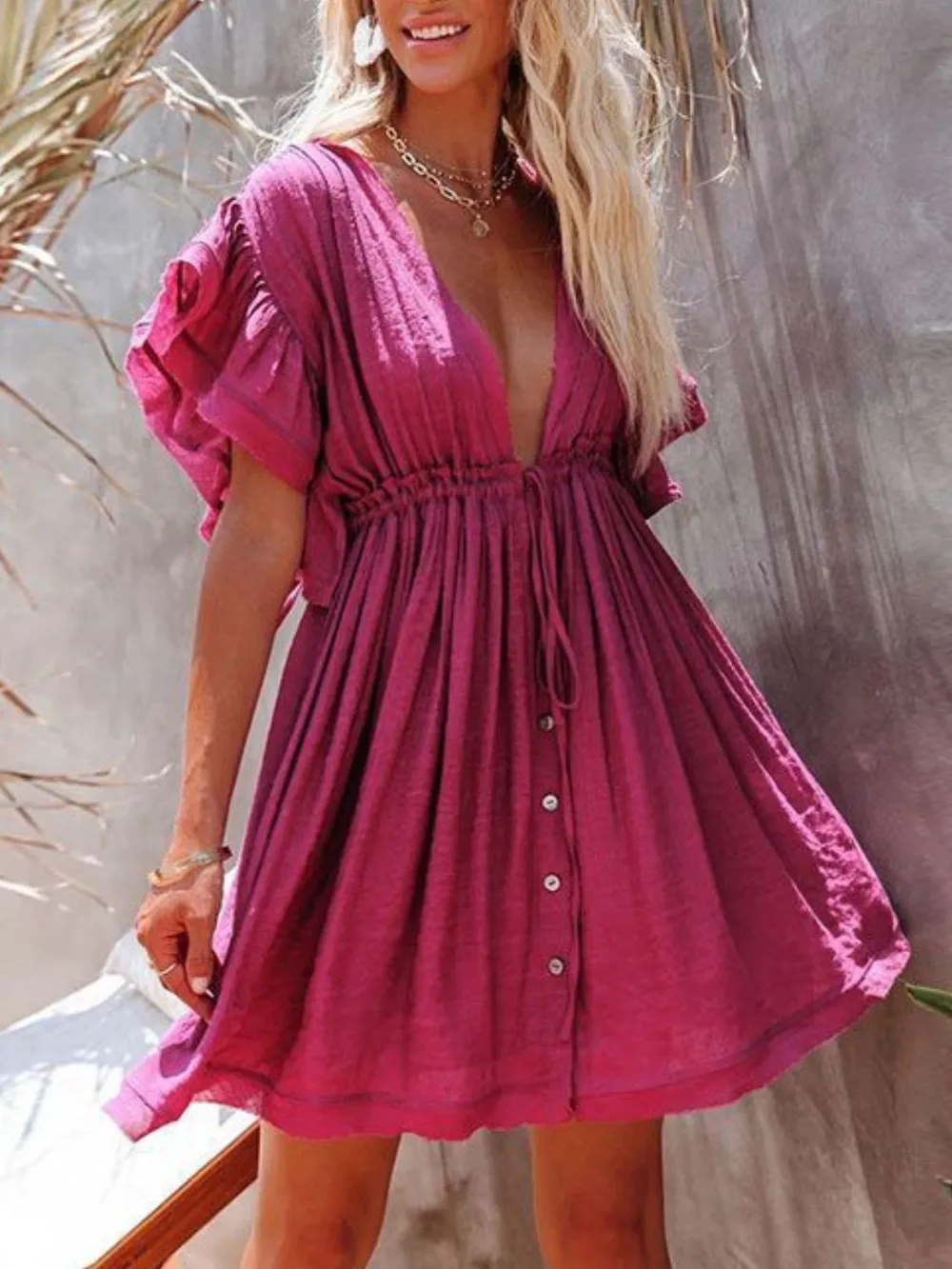 Drawstring Ruffled Half Sleeve Mini Dress