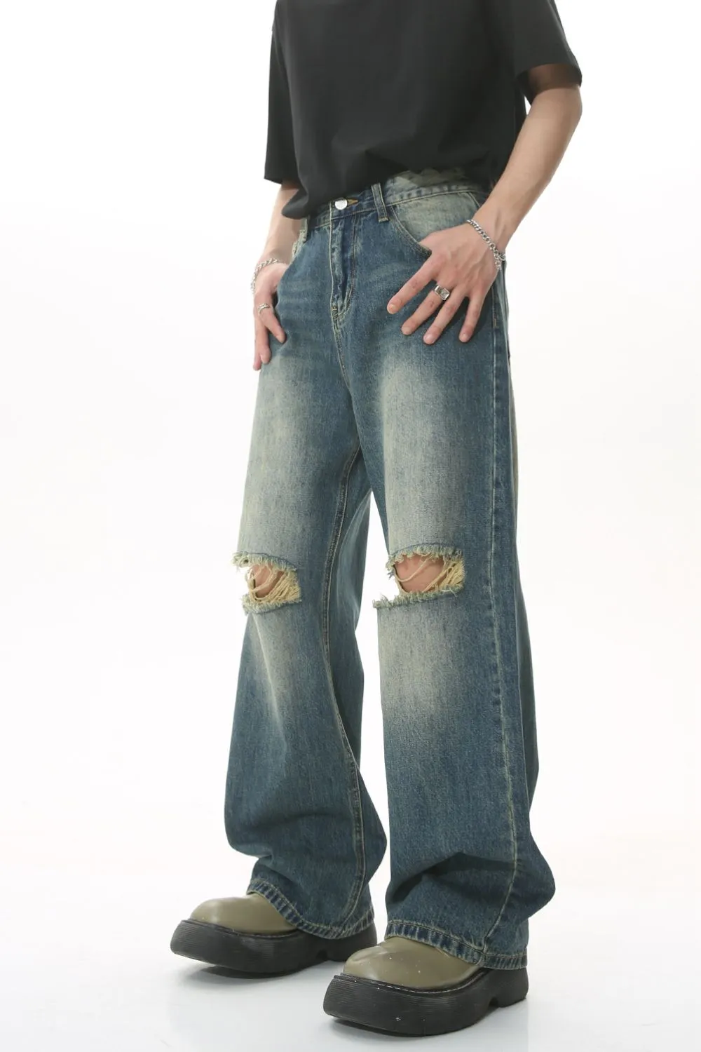 Distressed Wide Leg Men's Jeans, image 3