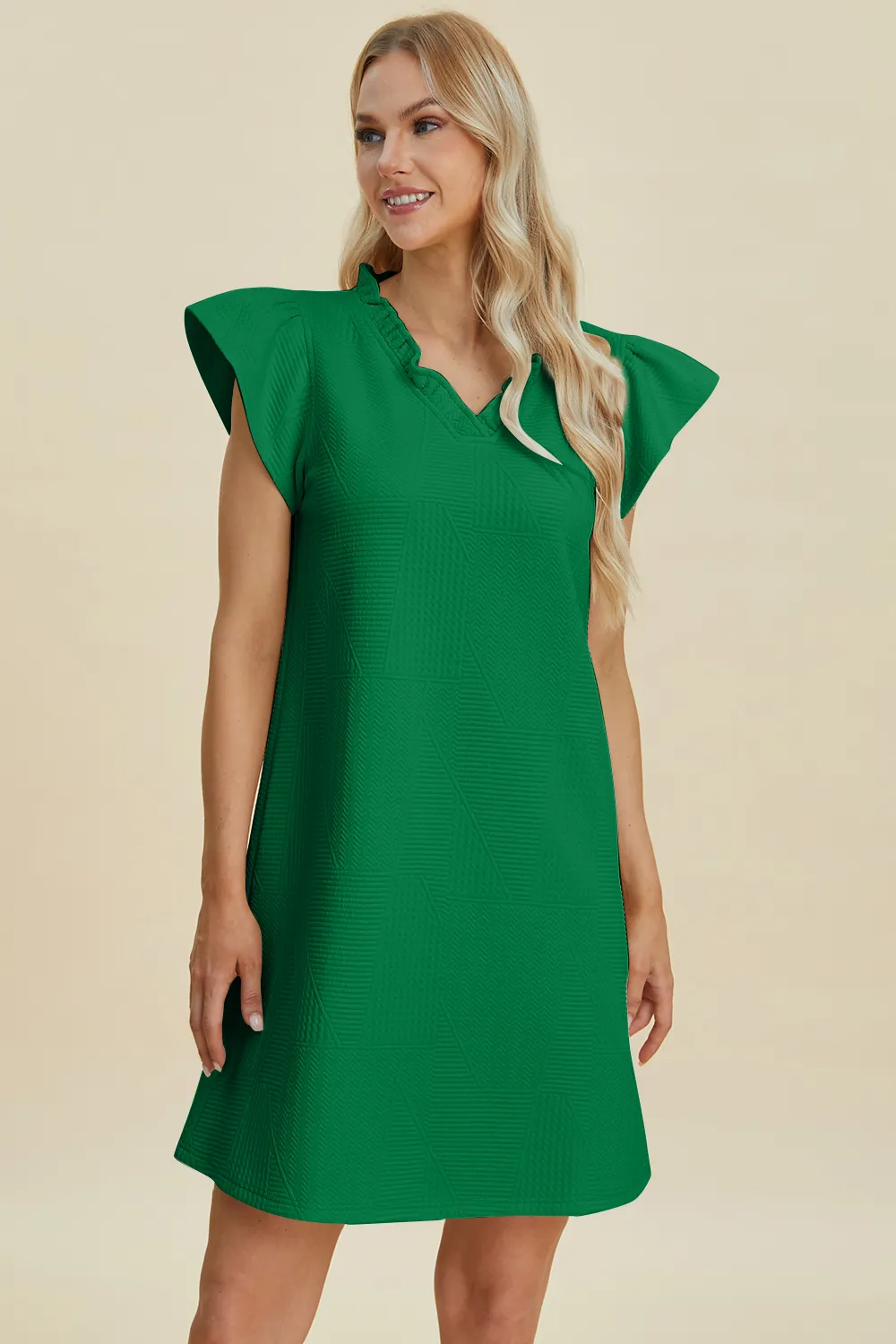 Full Size Ruffled V-Neck Cap Sleeve Dress, image 4