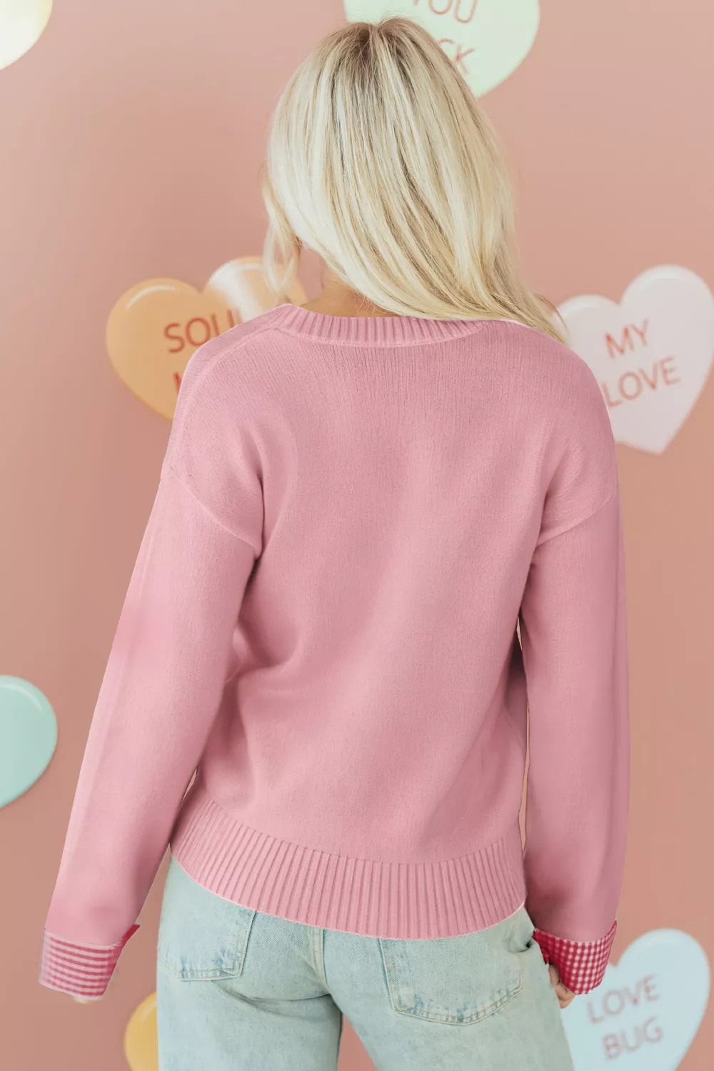 Plaid Heart Embroidered Cuffed Drop Shoulder Crew Neck Sweater, image 2