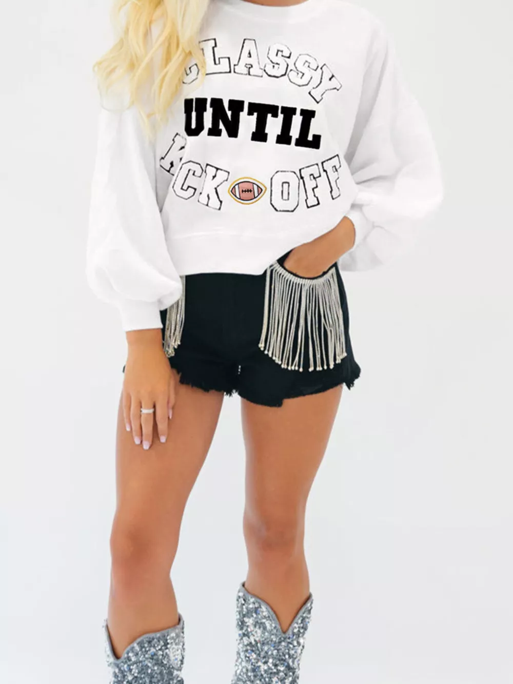 CLASSY UNTIL KICKOFF Plush Letter Patched Loose Sweatshirt, image 2